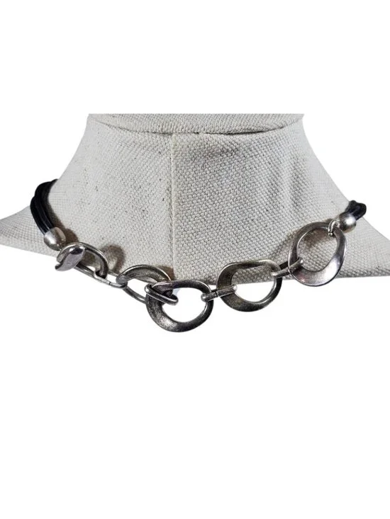 Premier Designs Silver Tone Open Circle Pendant Necklace Multi Strand Black Cord - Picture 2 of 8